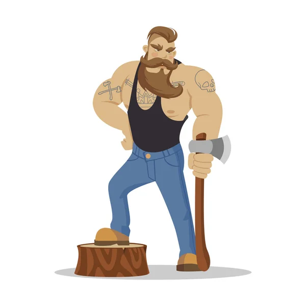 Lumberjack brutal bearded man in red checkered shirt with axe in hands. Woodcutter. Wanderlust hiking and travel concept — Stock Vector