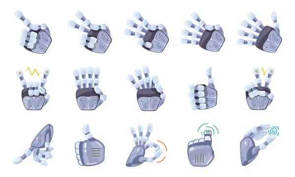 Robot handgebaren. Robot handen. Mechanische technologie machine engineering symbool. Handgebaren instellen. Grote robotarm. — Stockvector