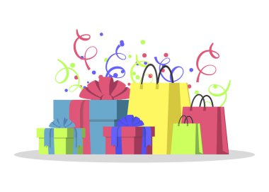 Renkli büyük yığın hediye kutuları sarılmış. Dağ hediyeler ve alışveriş torbaları. Hediye kutusu simgesi. Hediye sembolü. Noel.