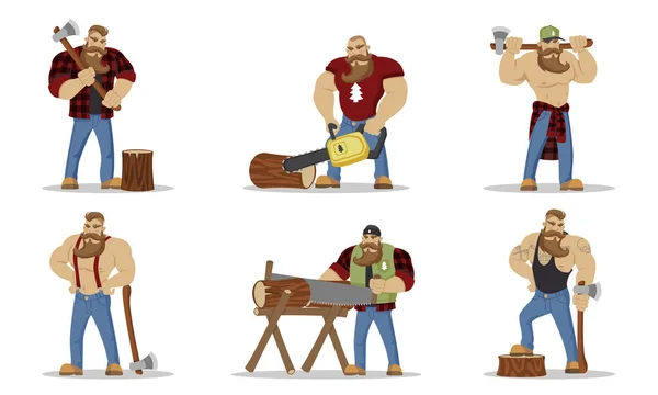 Set of lumberjacks brutal bearded mans in red checkered shirt with axe in hands. Woodcutters. Hiking and travel concept. — Stock Vector