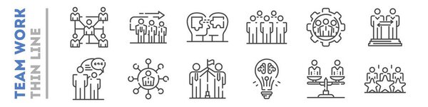 Set of thin line icons about team work isolated on white. Cooperation, partnership logos.