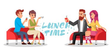 Arkadaşlar veya meslektaşları masada içecekler ve pizza ile oturuyor. Vector Azure yazı öğle yemeği saati.