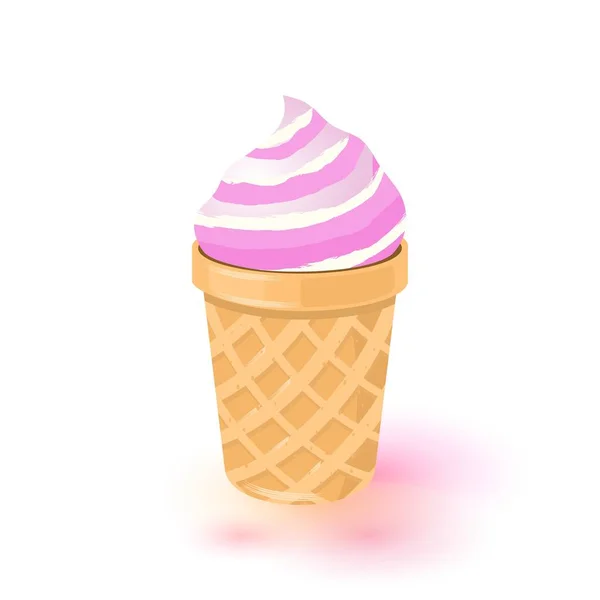 Sorvete de baunilha com xarope de baga em cone de bolacha. Corneto de gelato branco e rosa . — Vetor de Stock