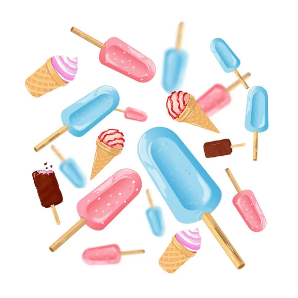 Padrão de desenho animado vetorial com barra de sorvete de vara, cones de bolacha, cornetas de gelato isoladas em branco . — Vetor de Stock