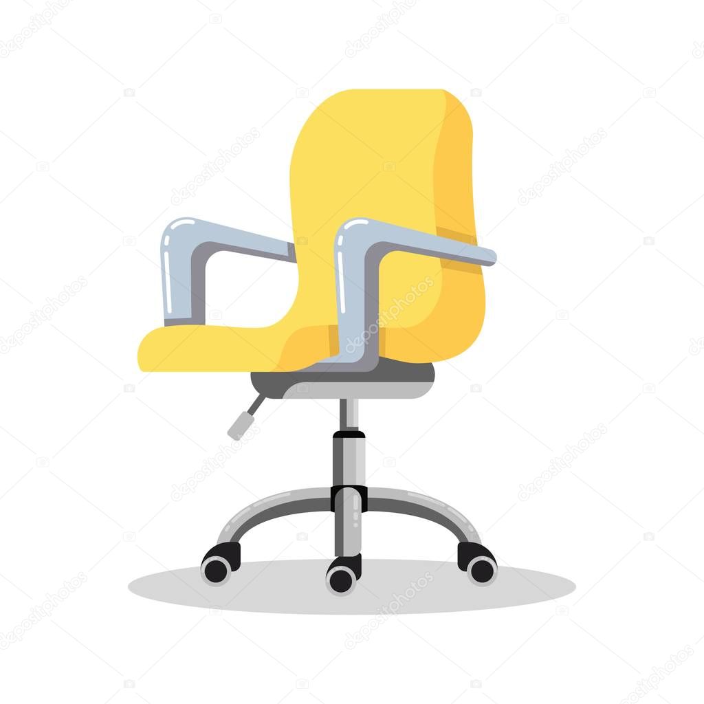 Office bright yellow chair with casters. Desk height adjustable armchair. Side view.