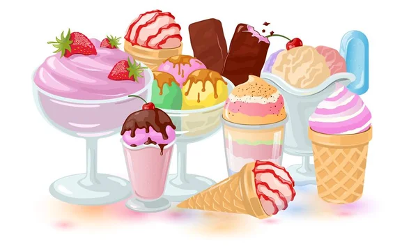 Conjunto grande con postres: barra de helado, conos de oblea, corneta de gelato, parfait, yogur congelado . — Vector de stock