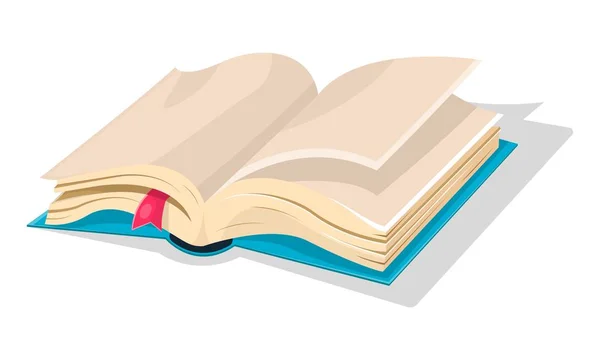 Livro azul aberto com folhas vazias e marcador rosa, diário, caderno de esboços . —  Vetores de Stock