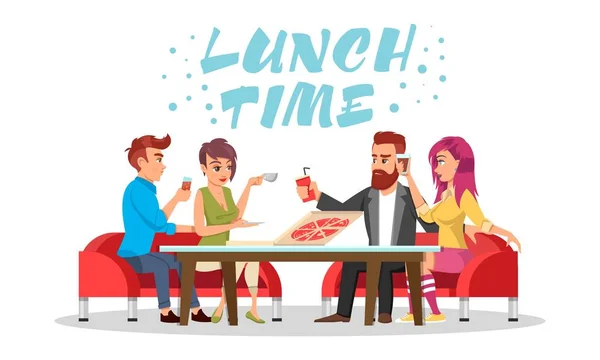 Amigos ou colegas sentados à mesa com bebidas e pizza. Leitura vetorial azure Hora do almoço . —  Vetores de Stock