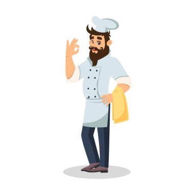 Cook kap içinde sakallı Şef havlu tutmak ve ok işareti gösteren.