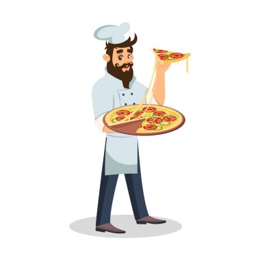 Sakallı yakışıklı aşçı ayakta ve elinde pizza tutuyor. İş yerinde dost garson.