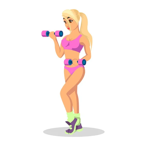 Blond girl in pink sport uniform and sneakers lifting dumbbells. — Stock Vector