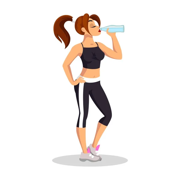 Brunette meisje in sport top, korte leggins en Running schoenen staand en drinkwater. — Stockvector