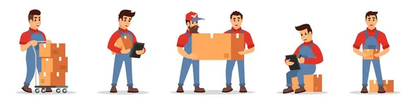 Consecuzione delle azioni di consegna con i lavoratori in uniforme, scatole di cartone, carrello di trasporto . — Vettoriale Stock