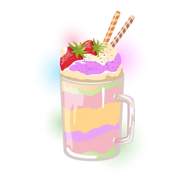 Milkshake multicolor con diferente sabor adornado fresa y jarabe de caramelo en la parte superior . — Vector de stock
