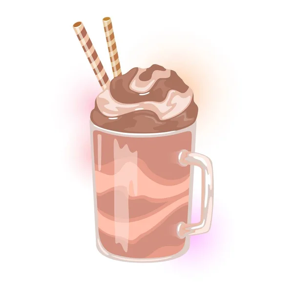 Kaffee-Frappé-Dessert im Glasbecher mit Strohhalmen, Schokolade und Vanillescheiben. — Stockvektor