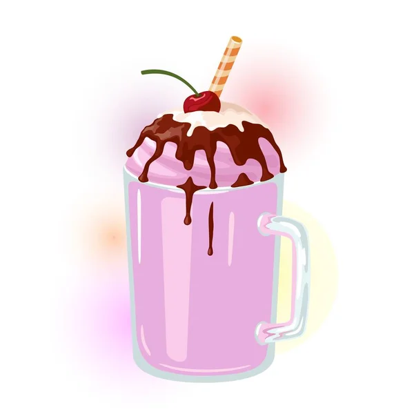 Milkshake jagodowy z topping bita śmietana przyozdobionym Cherry. — Wektor stockowy