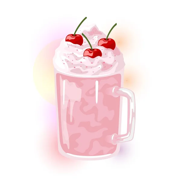 Ягодный молочный коктейль со взбитыми сливками с гарниром из вишни . — стоковый вектор