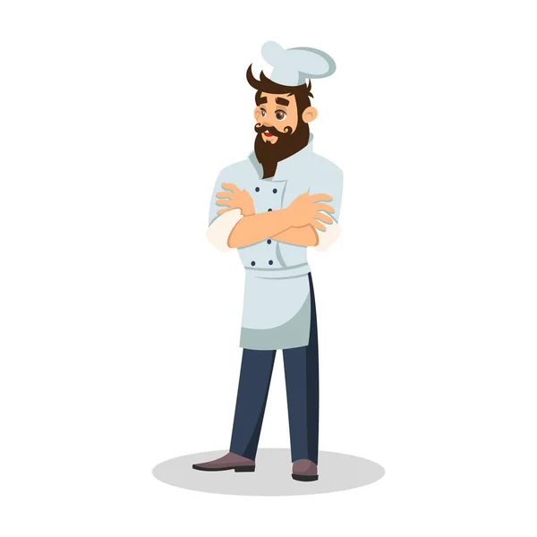 Бородатый шеф-повар в фуражке. Веселый официант. Продовольственный сервер в форме. Векторная иллюстрация — стоковый вектор