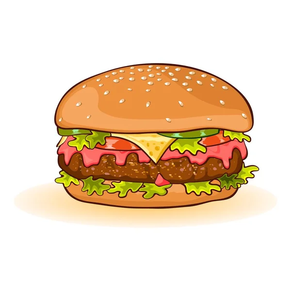 Cheeseburger mit Scheiben Rindfleisch-Patty, Käse, Ketchup, Tomaten, Gurken oder Gurken, Salat. — Stockvektor