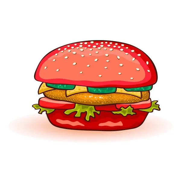 Red colored burger including beef patty, cheese, tomato, cucumber, lettuce, sauce, onions, mustard. — Stock Vector