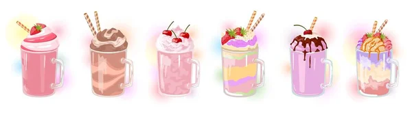 Векторный набор многоцветных молочных коктейлей с соломинками в стеклянных чашках . — стоковый вектор
