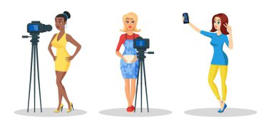 Vektör genç güzel kadınlar kamera video kayıt, selfie alarak ayarlayın.