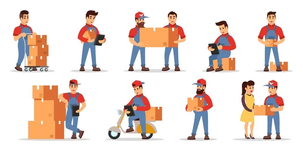 Conjunto vectorial que ilustra los aspectos más destacados de los servicios de entrega con los trabajadores en uniforme y transporte . — Archivo Imágenes Vectoriales