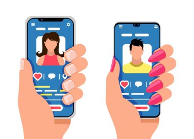 Erkek ve kadın siluetleri ile iki akıllı telefon. Sosyal medya, mobil haberci kavramı.