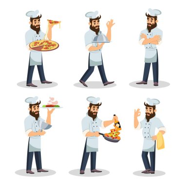 Şapkalı sakallı şef ve yemek pişiren, yemek yiyen önlüklü büyük set.