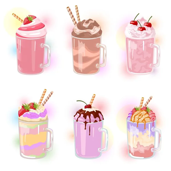 Векторный набор многоцветных молочных коктейлей с соломинками в стеклянных чашках . — стоковый вектор