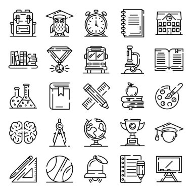 Okul, kolej, üniversite hayatı hakkında ince çizgi simgeleri büyük set beyaz izole.