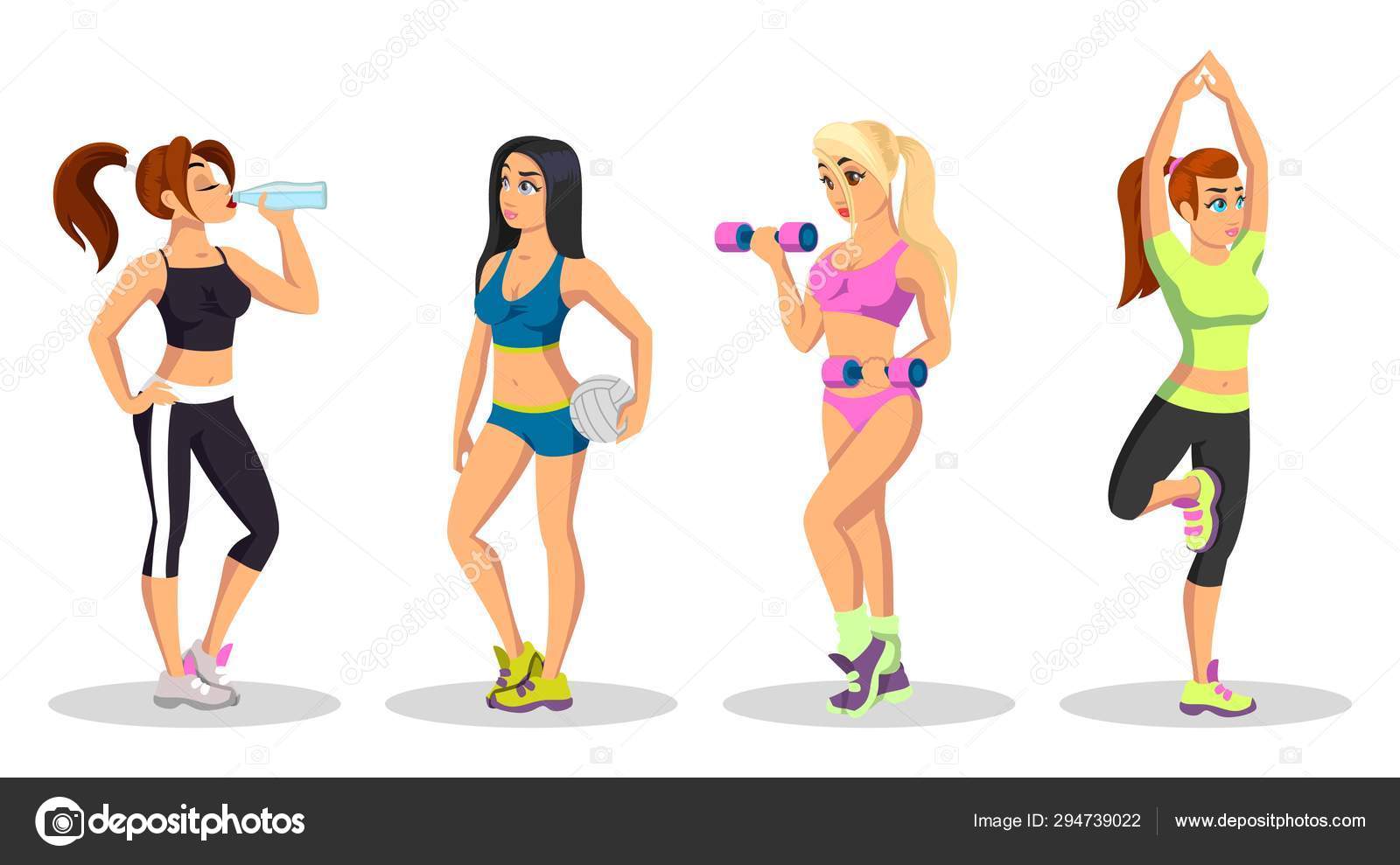 Vector set with girls doing exercises, lifting weights, practising hatha  yoga, training at gym. Stock Vector Image by ©69astral@ #294739022