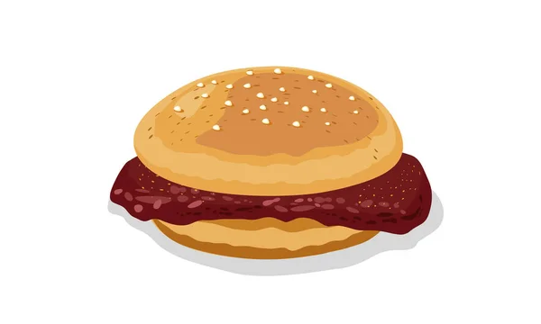 Hambúrguer caseiro com carne bovina, molho coberto de sementes de gergelim. Carne assada servida em pão torrado . — Vetor de Stock