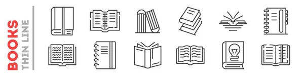 Iskola, egyetemi könyvek készlet vékony vonal ikonok fehér. Vázlatos közzétételi ház, könyvtári vektorelemek. — Stock Vector