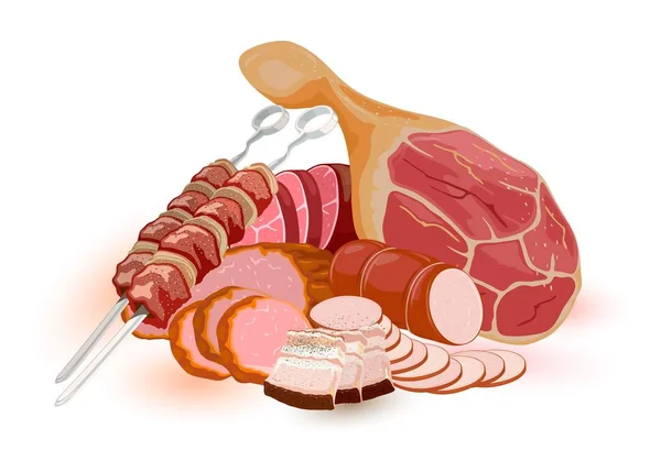 Set grande con prodotti a base di carne cruda e preparata: salame, pancetta, salsiccia, bistecca, shashlik, barbecue, gigot . — Vettoriale Stock