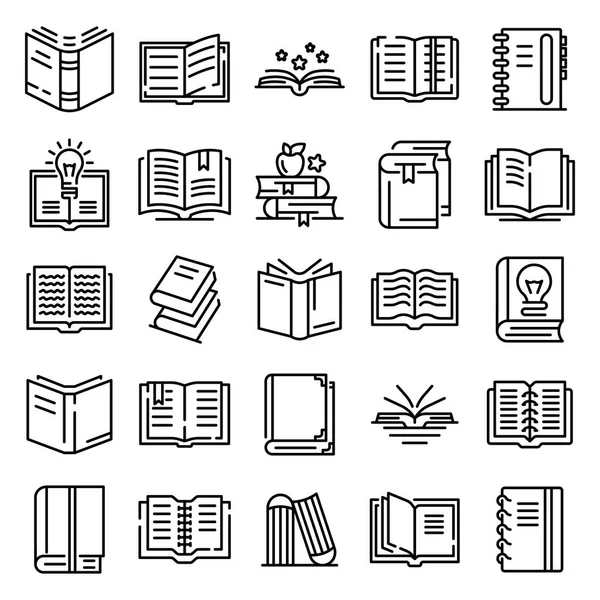 Escuela, libros universitarios conjunto de iconos de línea delgada en blanco. Esquema editorial, elementos vectoriales de la biblioteca . — Vector de stock