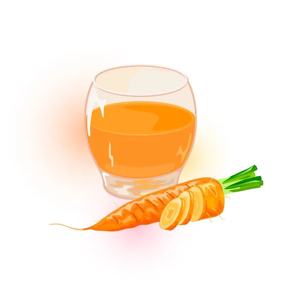 As cenouras cor-de-laranja, inteiras e cortadas em discos são perto do vidro do suco. Produtos hortícolas frescos e bebidas . — Vetor de Stock
