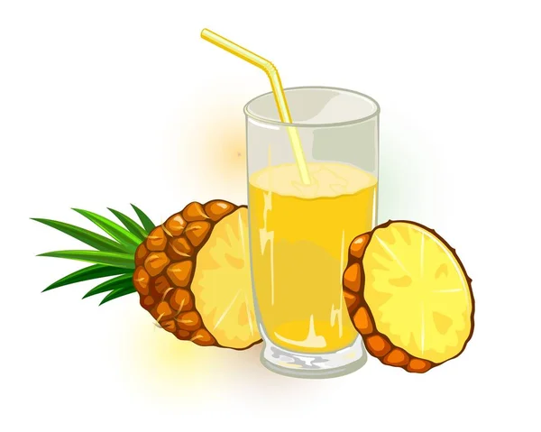 Dilimler ve sarı nektar, meyve suyu veya saman ile kokteyl cam kesilmiş yaprakları ile ananas.