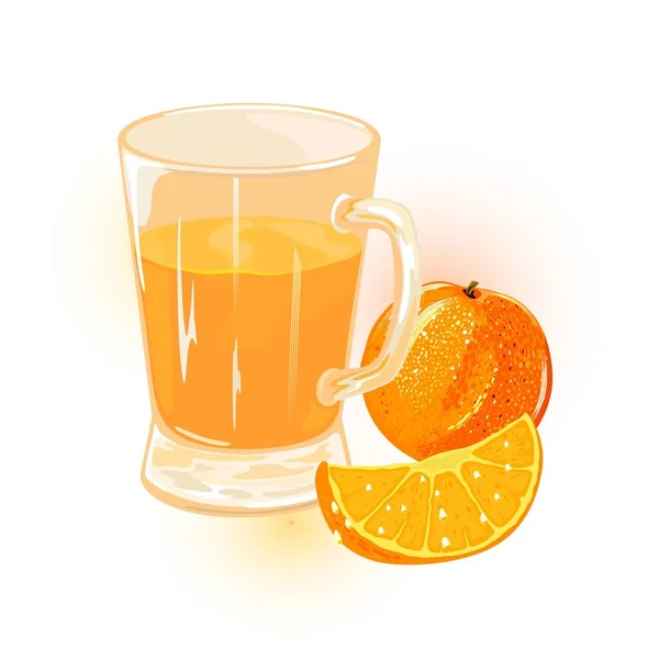 Narancs, mandarin vagy Tangerine és egy pohár gyümölcslé. Citrusfélék és italok. — Stock Vector