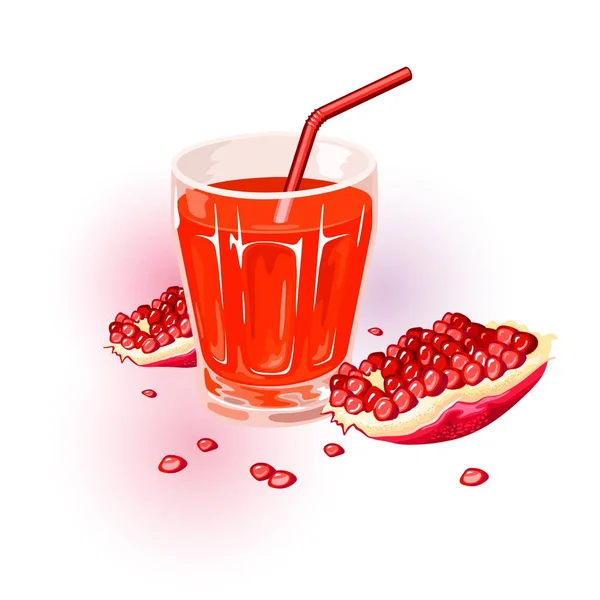 Fresh ripe red pomegranate. Fruit of punica granatum and glass of juice with straw. — Stock Vector