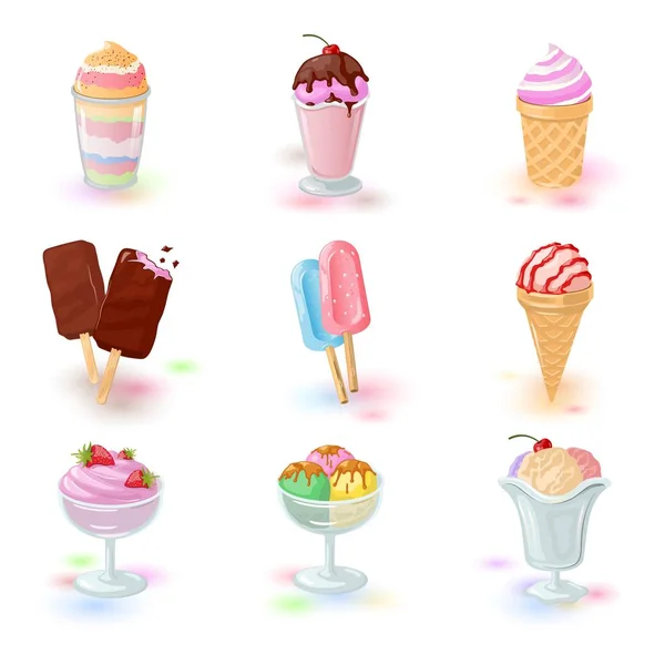 Grote set met desserts: Stick Ice-Cream Bar, wafer kegels, gelato Cornet, parfait, bevroren yoghurt. — Stockvector