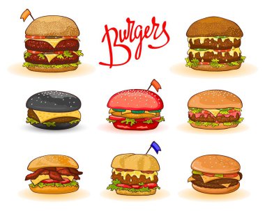 Hamburger farklı: hamburger, cheeseburger, büyük, çift, kırmızı, siyah, tavuk, pastırma, Set ile.