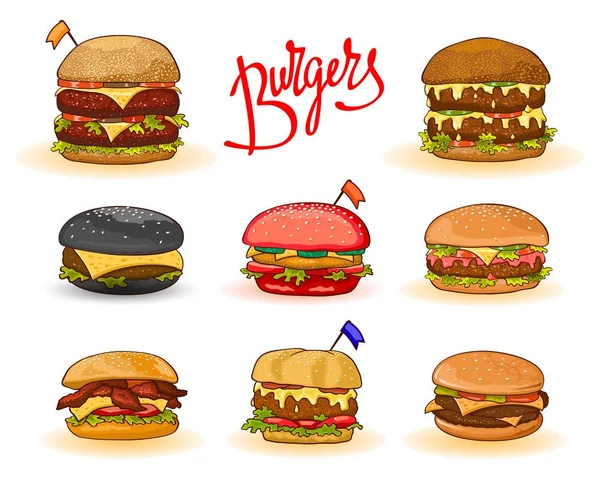 Diferentes tipos de hamburguesas: hamburguesas, hamburguesas con queso, grandes, dobles, rojas, negras, con pollo, tocino, Set . — Vector de stock