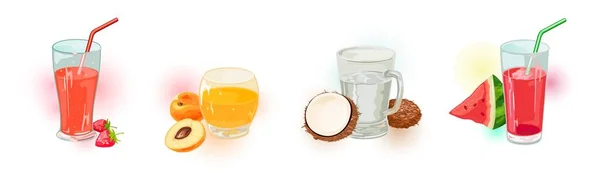 Conjunto vetorial com morango fresco, pêssego, coco, sucos de melancia em copos com palhas . — Vetor de Stock