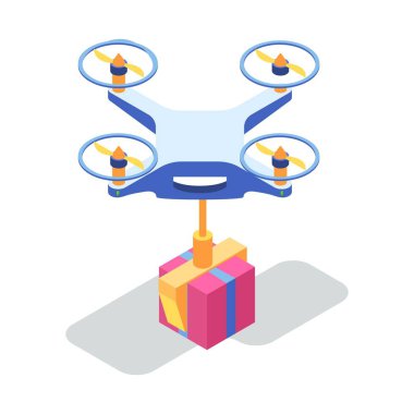 Modern teknoloji, hava yoluyla mobil teslimat hizmeti. Karton kutu ile uçan drone.