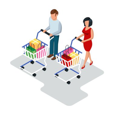 Sepet arabaları ile giden erkek ve kadın, dükkanda arabaları, mağaza, süpermarket.