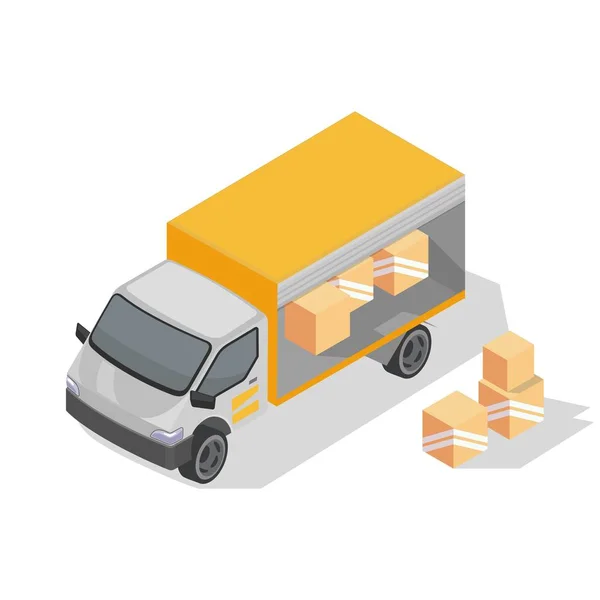 Box truck with yellow body is ready to delivering parcels. Van with goods in cardboard package. — Stock Vector