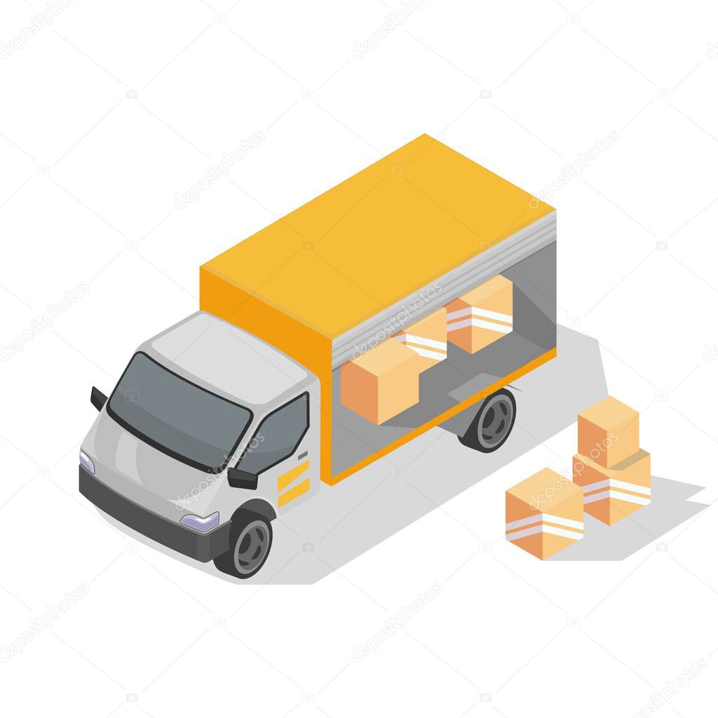 Box truck with yellow body is ready to delivering parcels. Van with goods in cardboard package.