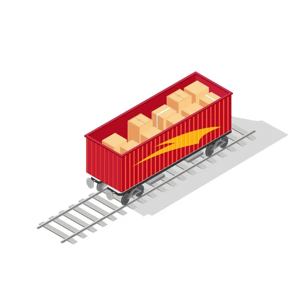 El contenedor superior abierto rojo del tren con cajas de cartón o cajas de madera está en la vía férrea . — Archivo Imágenes Vectoriales