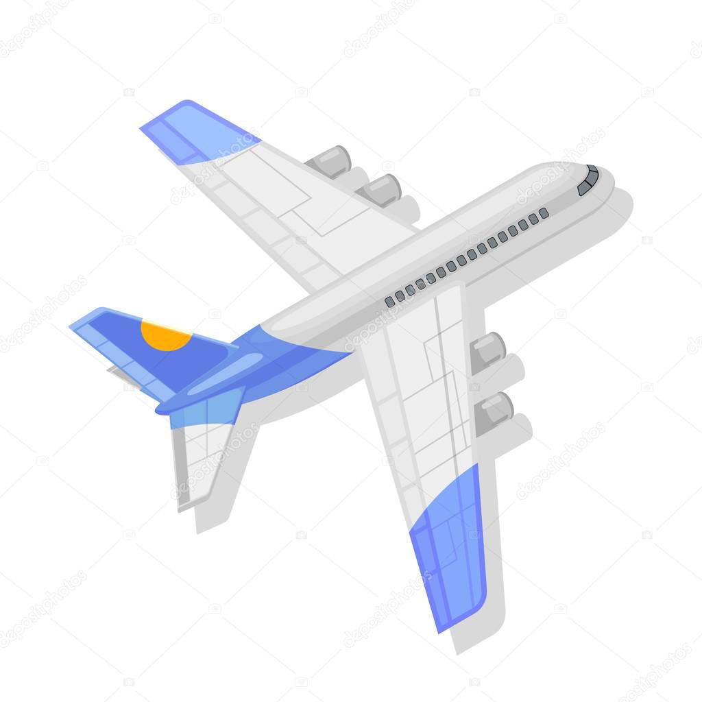 White with blue details flying airplane, jet aircraft, airliner. Fast express freight delivery concept.